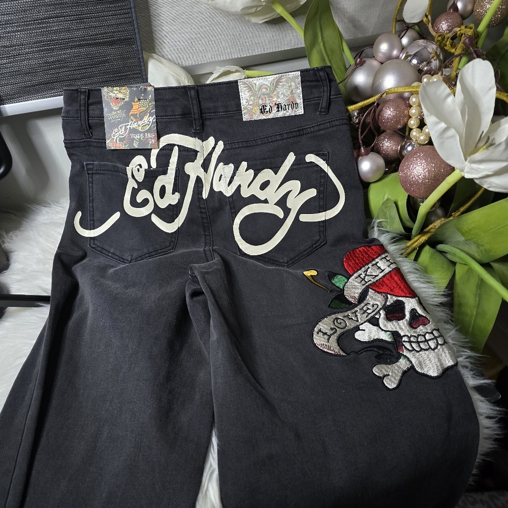 ED HARDY Women's Love Kills Slowly Black Denim Jeans 24 Wide Leg Embroidered*